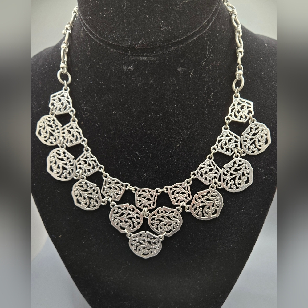 JK by thirty-one Bib Statement Necklace Silver Tone 15" + 2.5" Extender